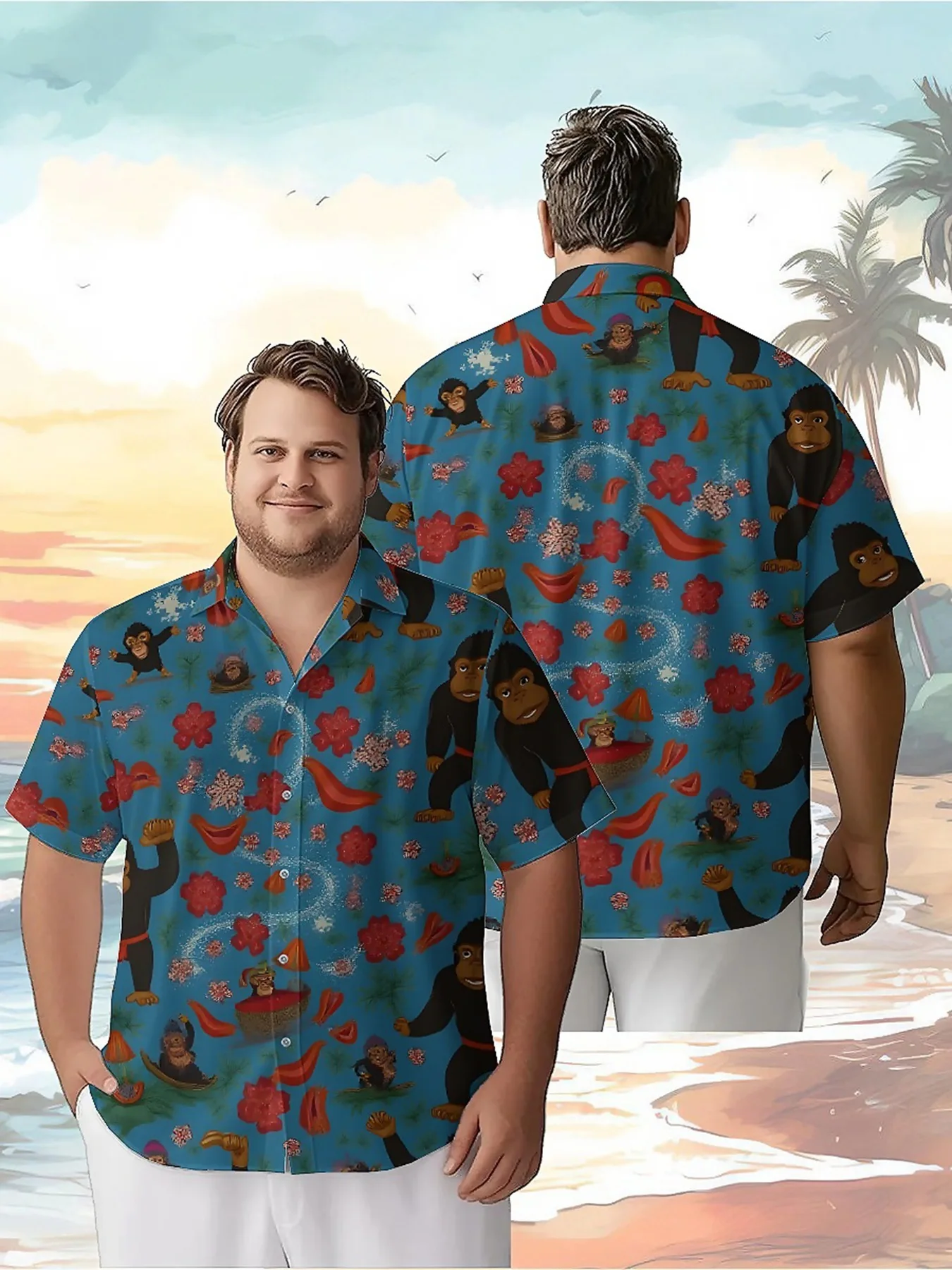 Men's Plus Size Hawaiian Shirts Monkey Flower Pattern,Premium Comfort Youth Clothes,Y2K Tops