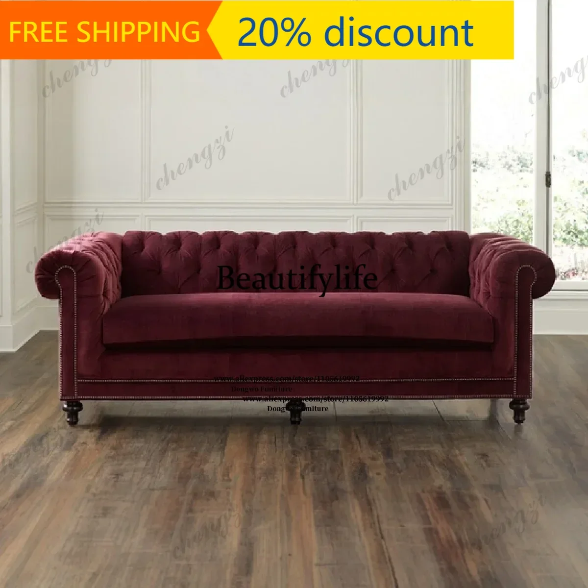 132 British classical rivet buckle sofa wine red velvet fabric straight row three person living room hotel commercial sofa