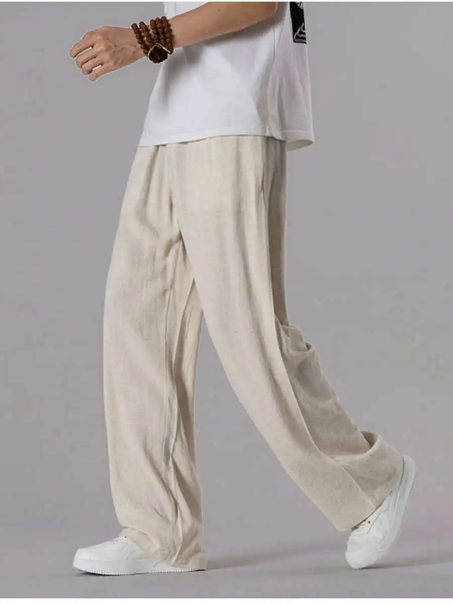 

Men's Summer Thin Wide Leg Pants Loose Fit Casual Outerwear Long Trousers Straight Cut Loose Fit Long Pants Linen Material