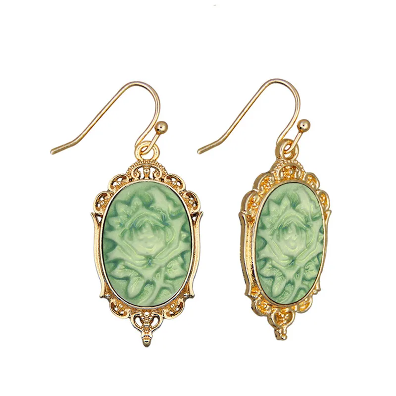 

Claasic Green Flower Cameo Earrings For Women Gold Color Victoria Pendant Fashion Jewelry