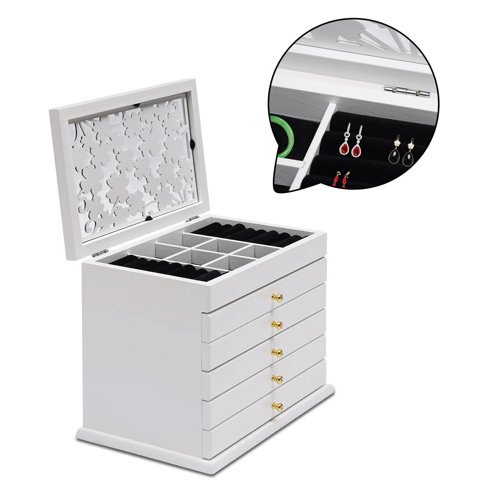 6-Layer White Jewelry Box, Exquisitely Lucky Four Leaf Clover Wooden Jewelry Box Organizer Jewelry Storage Organizer Great NEW