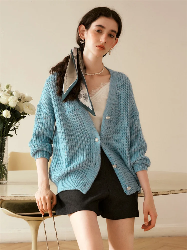 

OLrain Women Blue Cardigan 2025 Autumn Basics V-Neck Long Sleeve Sweater Ladies Oversized Knit Warm Casual Outerwear E56QM93982