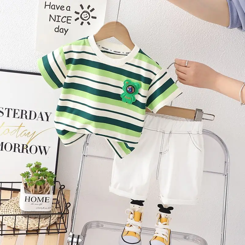 Children's Clothing Boys Summer Short Sleeved Set Baby Green Striped Round Neck T-shirt+ White Shorts Kids Handsome Outfits Set