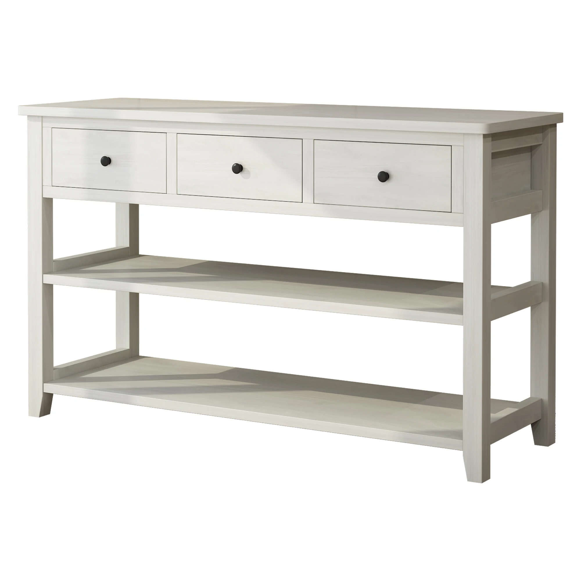 Mesa console com madeira Frame e pernas, mesa de entrada, sofá mesa, 3 gavetas, 2 prateleiras abertas, branco antigo