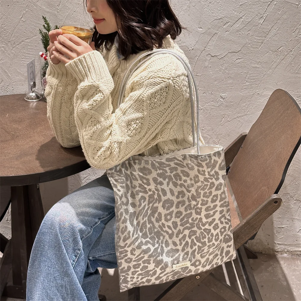 Silver Grey Casual Leopard Print Single Shoulder Women's Tote Bag Commute Fashion Large Capacity Canvas Shopper Shopping Bag