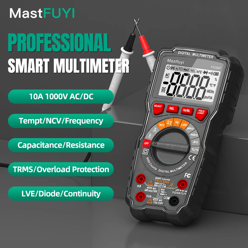 

MASTFUYI Digital Multimeter 6000 Counts True RMS Auto-Ranging AC/DC Voltage Current Tester Ohm Hz NCV Backlight Large LCD Screen