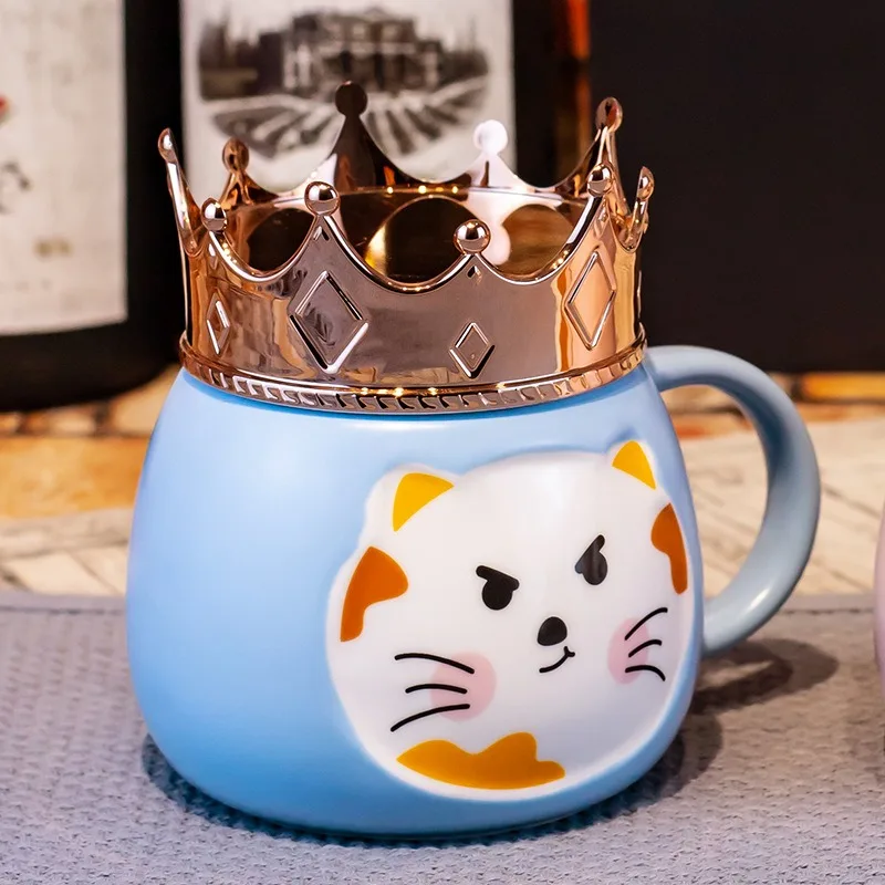 Crown Cat Ceramic Mug Cute Cartoon Mug for Men and Women Gift Lovers Water Cup with Lid Spoon Coffee Cup Drinking Utensils