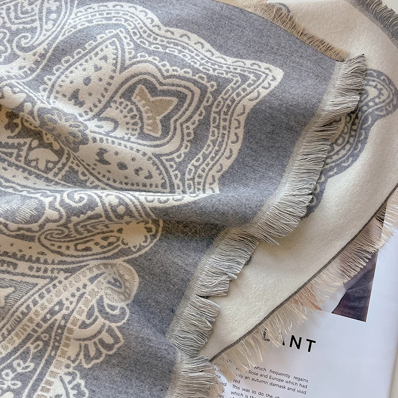 Neue Damenmode Faux Kaschmir Winter Pashmina Vintage Print Quasten Dicke Warme Zweiseitige Schal Outdoor Schals Wraps Foulard – Detail 12