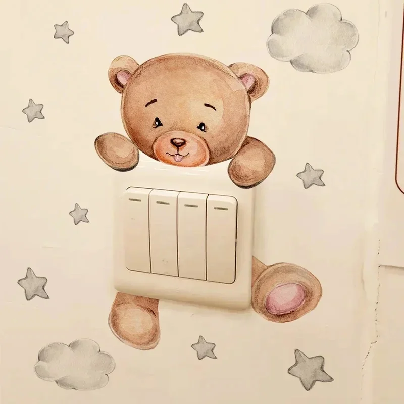 1-4pcs Bear Switch 20x20cm PVC Clouds Cartoon Removable Bear Wall Stickers Bedroom Wall Decals Removable Light Labels Home Decor