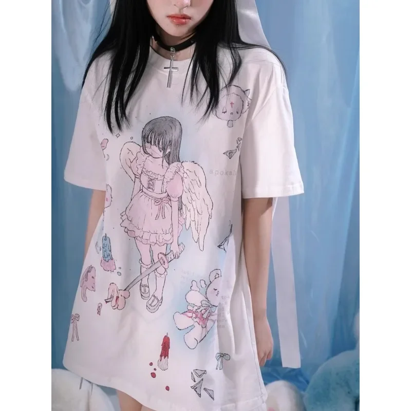 

Anime Print Short Sleeve Loose T-shirt White Long Harajuku Subculture Tops Y2k Japanese Women Casual Fashion Summer 2024 Tees