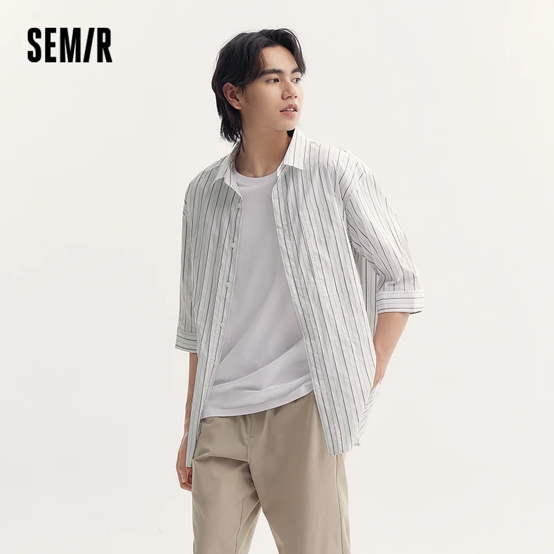 

Semir Men's Textured Stripe Shirt Wrinkled Effect Mid Sleeve Summer Drop Shoulder Relaxed Fit Casual Top