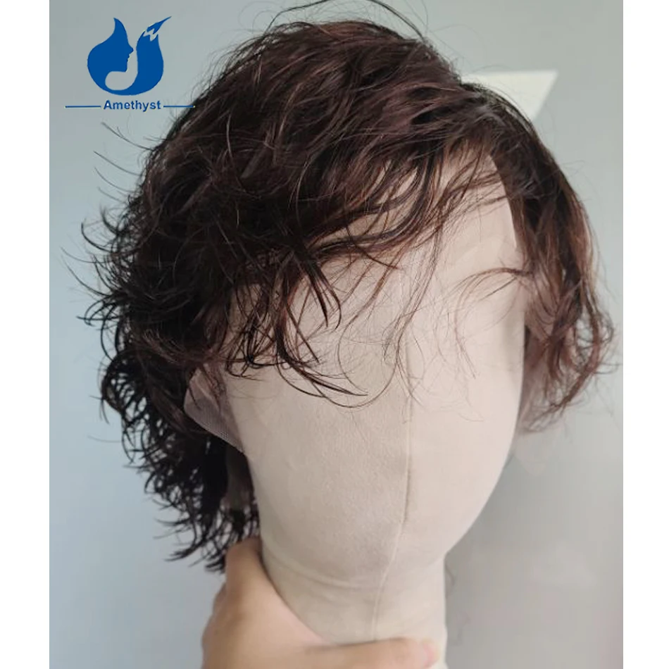 Amethyst Wet Loose Curly #3 Dark Brown Short Cut Wig for Men 13x6 Lace Front Wig Human Hair Pre Styled Side Part Remy Hair