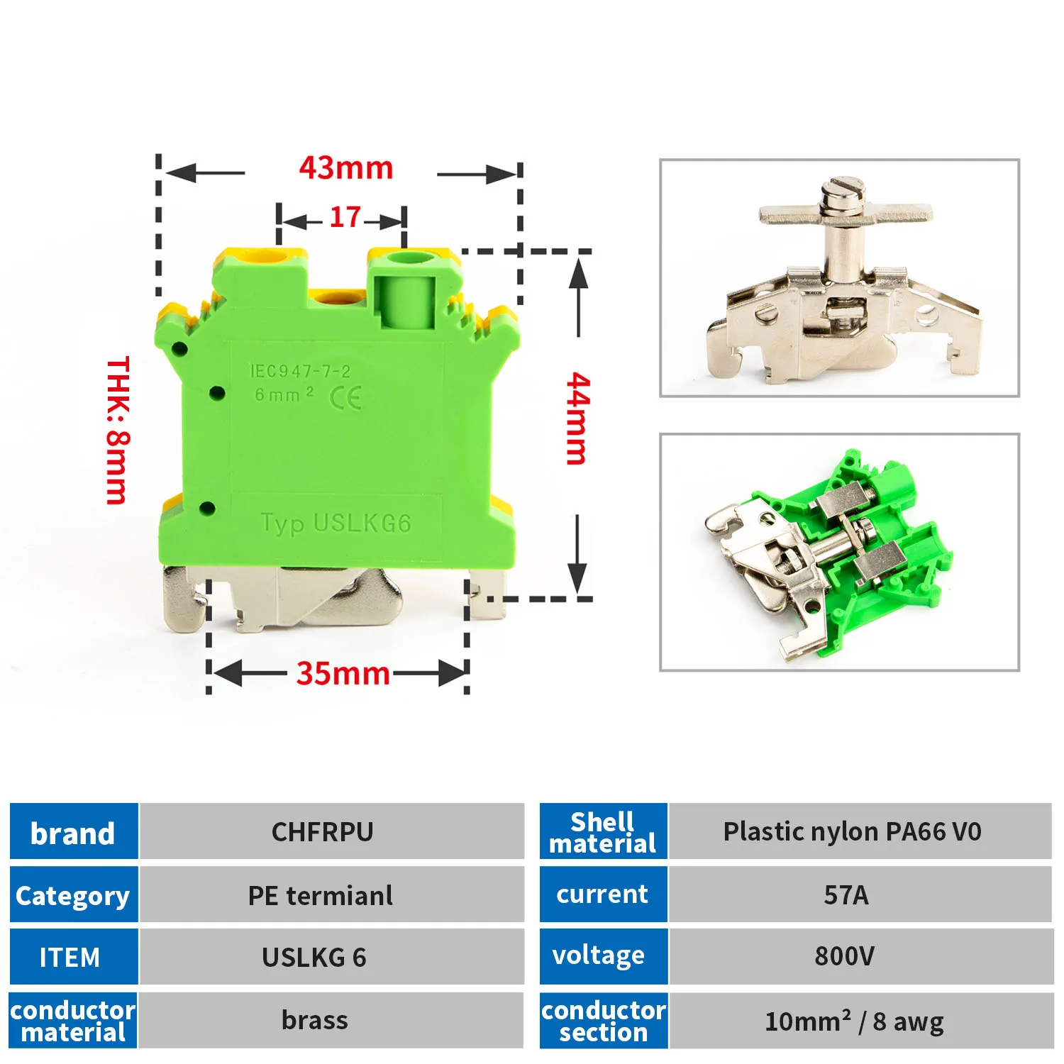 USLKG 6 Plastic Nylon PA66 V0 Mounted Feed Through Screw Cage Din Rail Rail Mount Ground Terminal Block