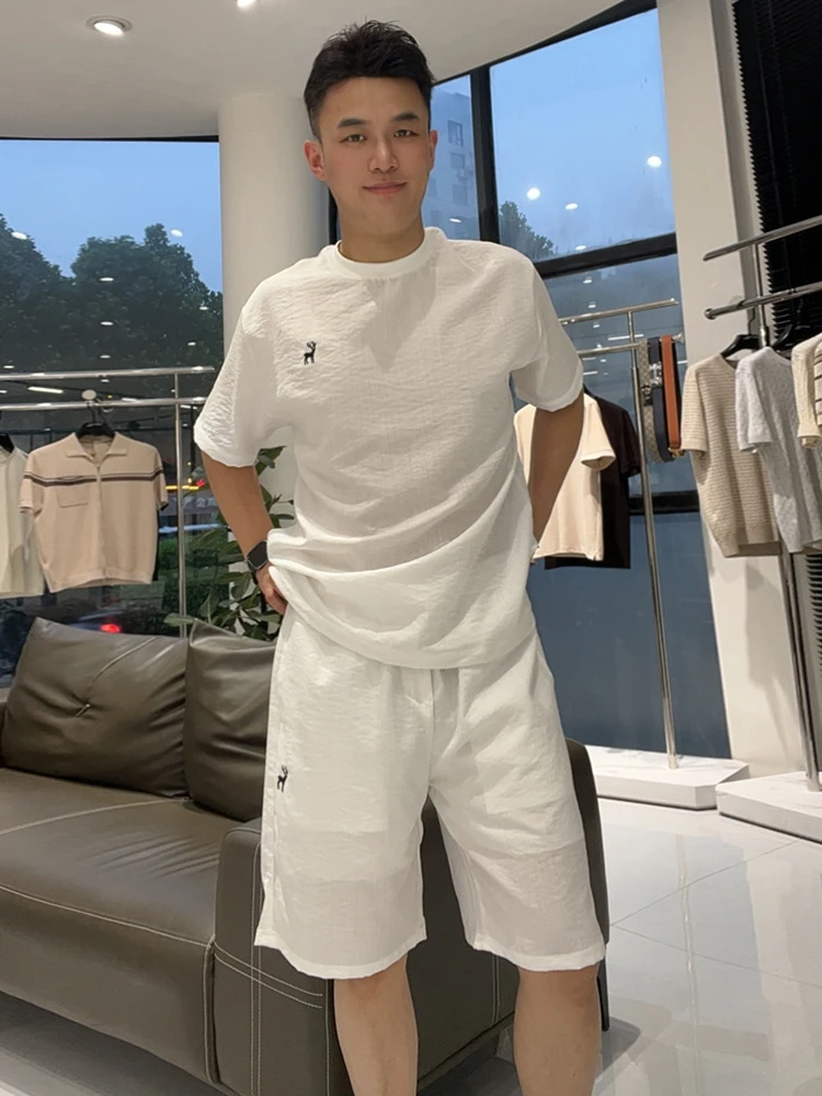 summer-men's-casual-sports-set-lightweight-comfortable-breathable-cotton-linen-round-neck-short-sleeve-shorts-two-piece-set