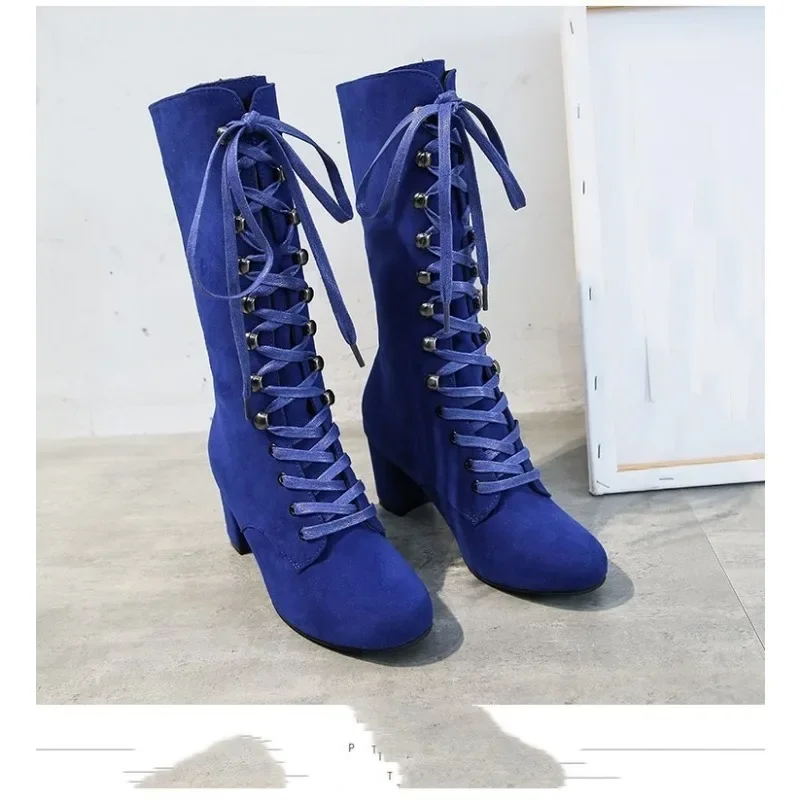 2023 Black Boots Women Shoes Knee High Women Casual Vintage Retro Mid-Calf Boots Lace Up Thick Heels Shoes