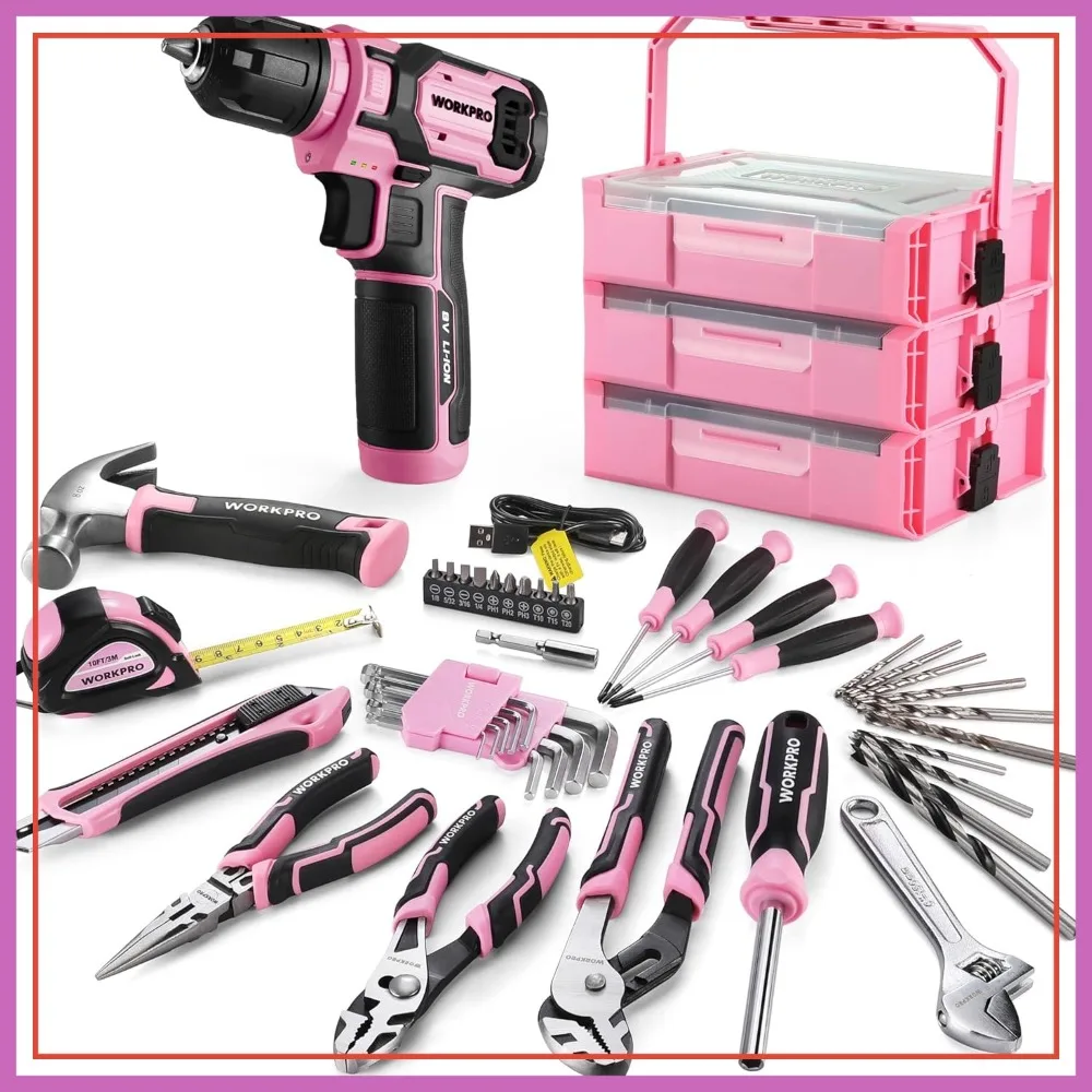 

43PCS Pink Power Tool Set with 8V Cordless Drill, Lithium-Ion Battery, Toolbox