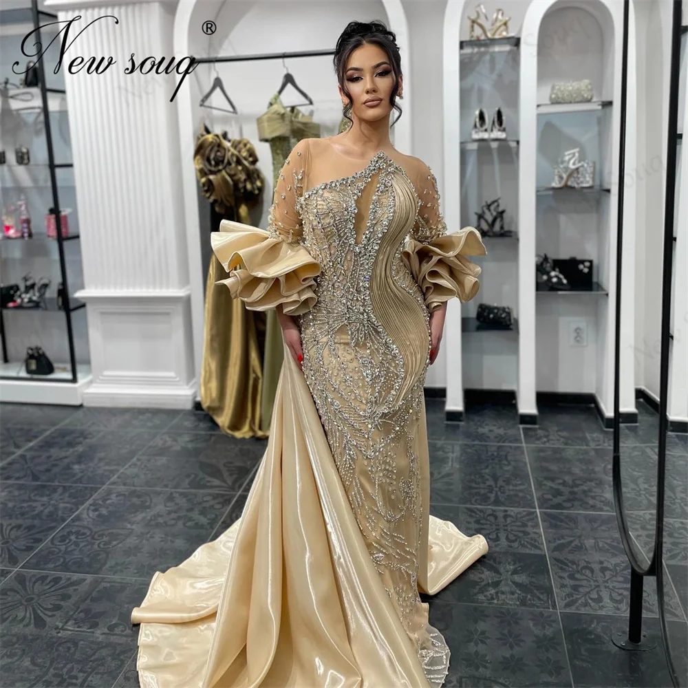 Zwei Stücke Champagner Perlen Prom Kleider Luxus Arabisch Dubai Meerjungfrau Kristalle Abendkleid Für Frauen Party Kleider Angepasst