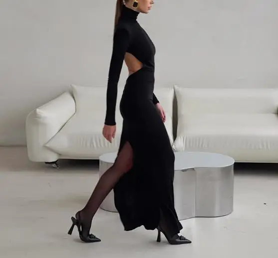 

2026 Spring Elegant Black Sexy Backless Knitted Slim Fit Long Sleeved High Neck Dress for Women
