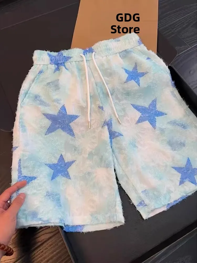 

Tie Dye Five Pointed Star Tassel Short Pants Men's Hawaii Vacation Style Beach Loose Fit Elastic Waist Short Length Shorts