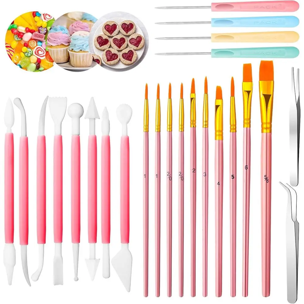 24-Piece Cookie & Cake Decorating Set: Brushes, Sugar Stir Needle, Fondant Tools, Elbow & Straight Tweezers (Pink)