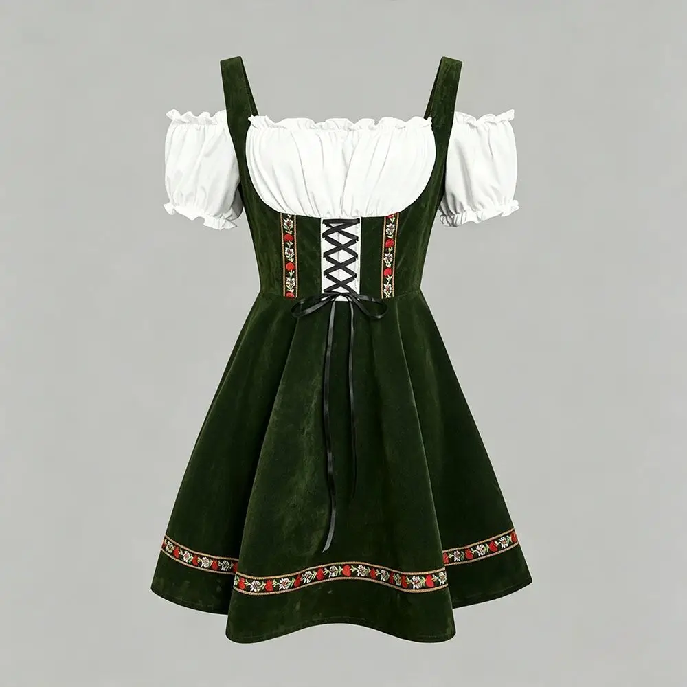 Ruffled Detail Bavarian Dirndl Dress A-Line Silhouette Lace-Up Front Traditional Folk Dress Polyester Square Collar