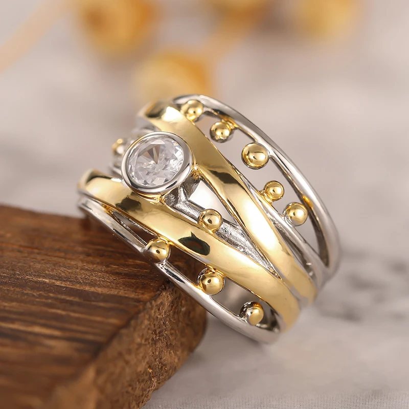 Huitan جديد عصري المرأة اثنين لهجة خواتم معدنية التصميم الإبداعي ارتداء اليومي بيان الحفلات اكسسوارات مكعب زركونيا شيك مجوهرات