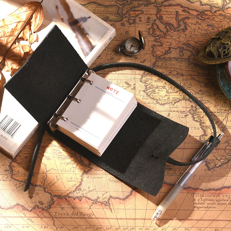 Genuine Leather A9 Mini 3 Ring Binder Notebook Refillable Loose Leaf Journal with Crazy Horse Cowhide Cover for Travel Diary