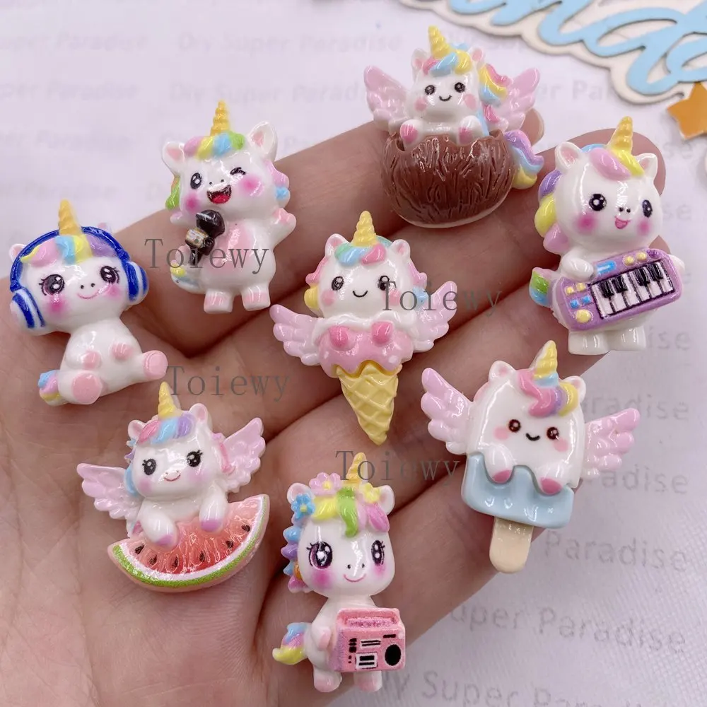 10 pièces de figurines en résine colorées, licorne musicale arc-en-ciel de dessin animé, pierres à dos plat, embellissements de Noël, accessoires de scrapbooking DIY