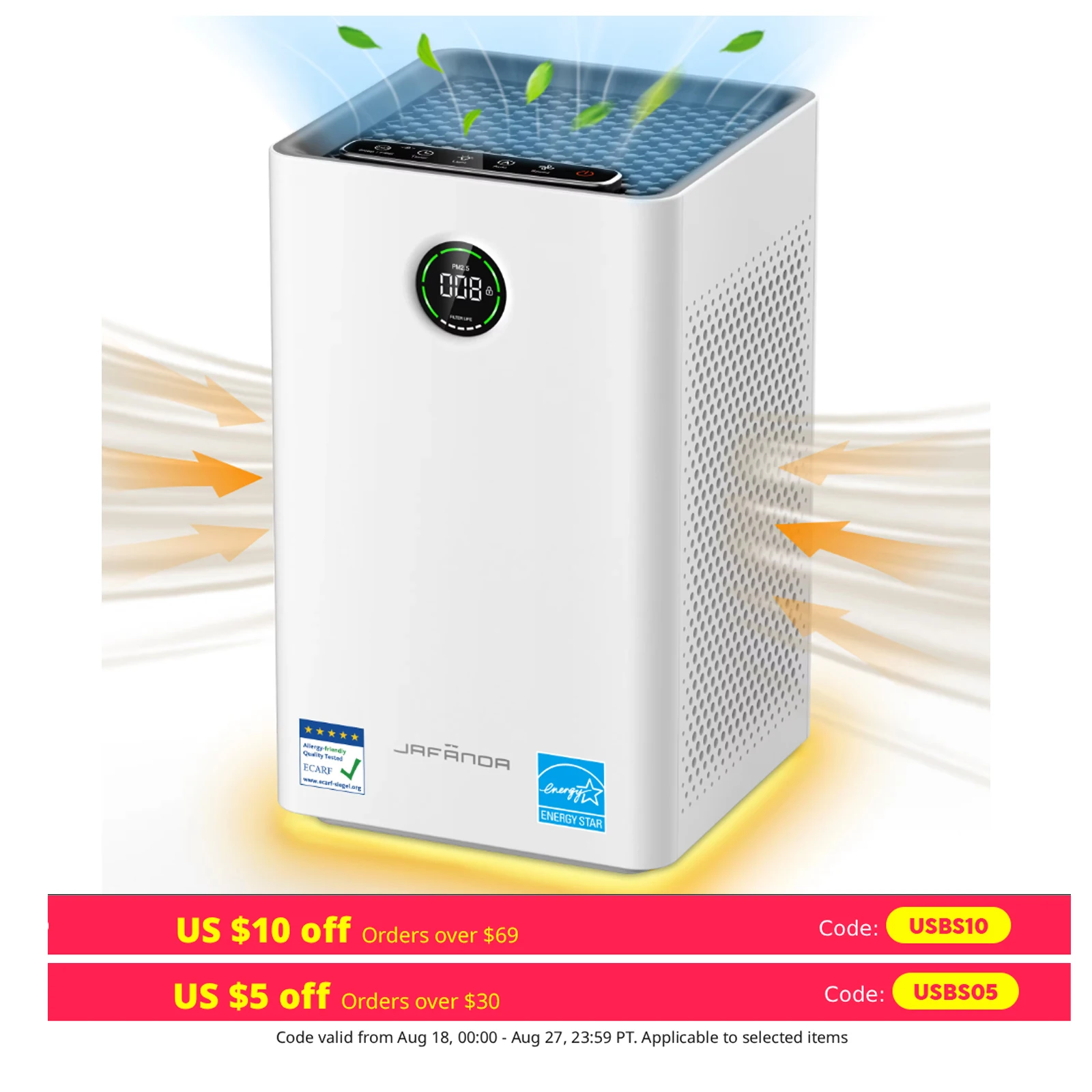 

Очиститель воздуха Jafanda для больших помещений (1190 кв. футов), двойные HEPA и угольные фильтры, очиститель воздуха удаляет аллергины, пыльцы