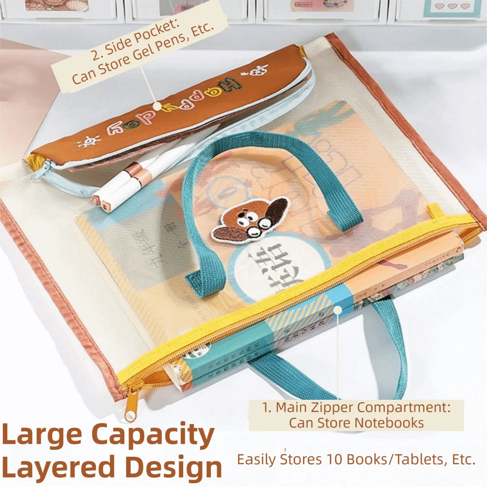 2-in-1 Mesh Document Storage Bag Clear Visible Large Capacity A4 File Organizer Lightweight with Handle Zipper Pouch Bag Travel