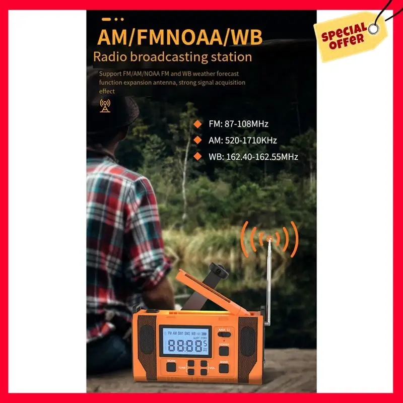 -A25M noodweerradio, 10000 mAh weerwaarschuwingsradio op zonne-energie, handslinger en opgeladen via USB, AM/FM-radio, eenvoudig te gebruiken D