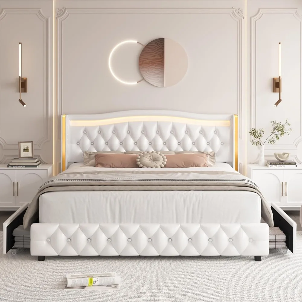 Queen Smart LED Platform Bed Frame w 4 Storage Drawers, Crystal Button-Tufted & Stainless Gold Trim Wingback Headboard