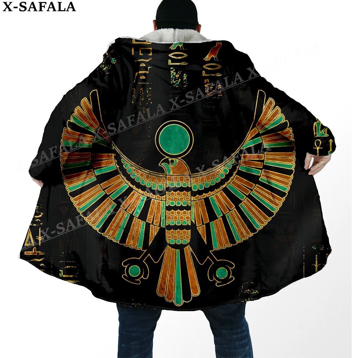 Pharaoh Ancient Egyptian Cat Print Thick Warm Hooded Cloak Men Overcoat Coat Windproof Fleece Cape Robe Hooded Blanket-14