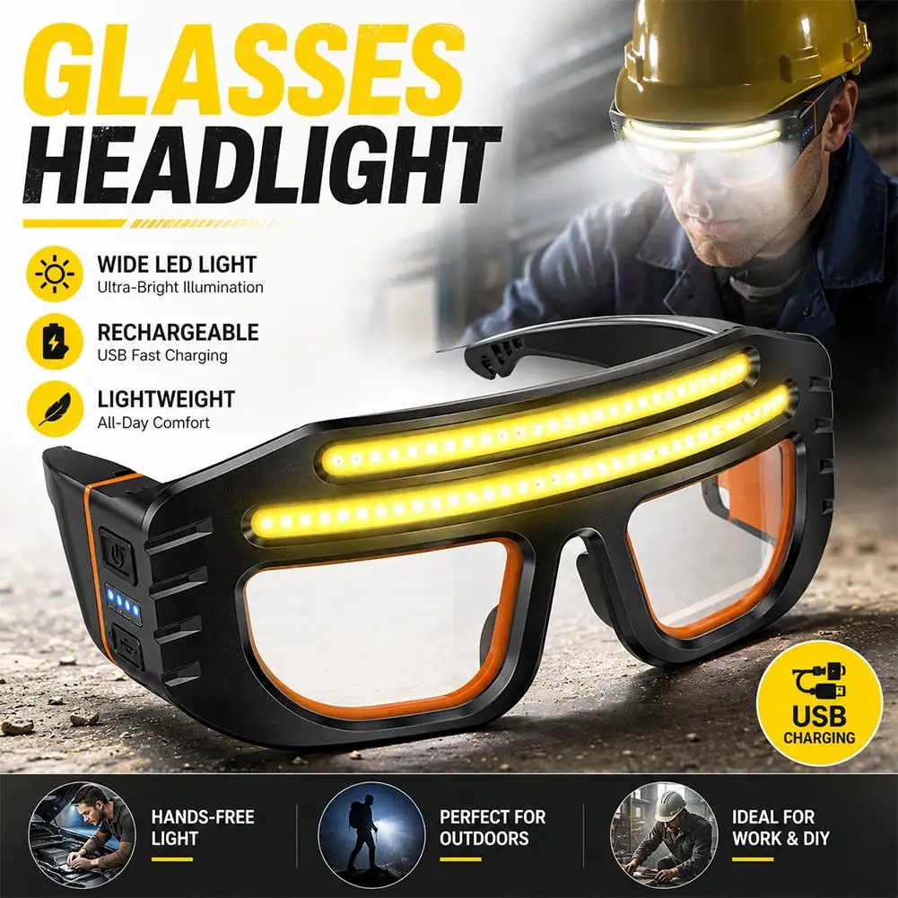 Rechargeable LED Glasses Headlight Glasses 3 Modes High Low Beam Emergency Strobe USB C Glasses For Running Camping Cycling