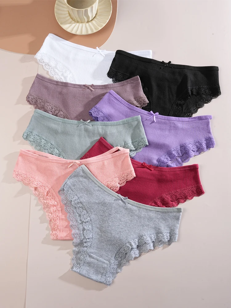 8ks dámské bavlněné kalhotky, sexy krajkové kalhotky s mašlí, jednobarevné, bikiny, módní dvojité ramínka, pohodlné spodní prádlo - náhled 2