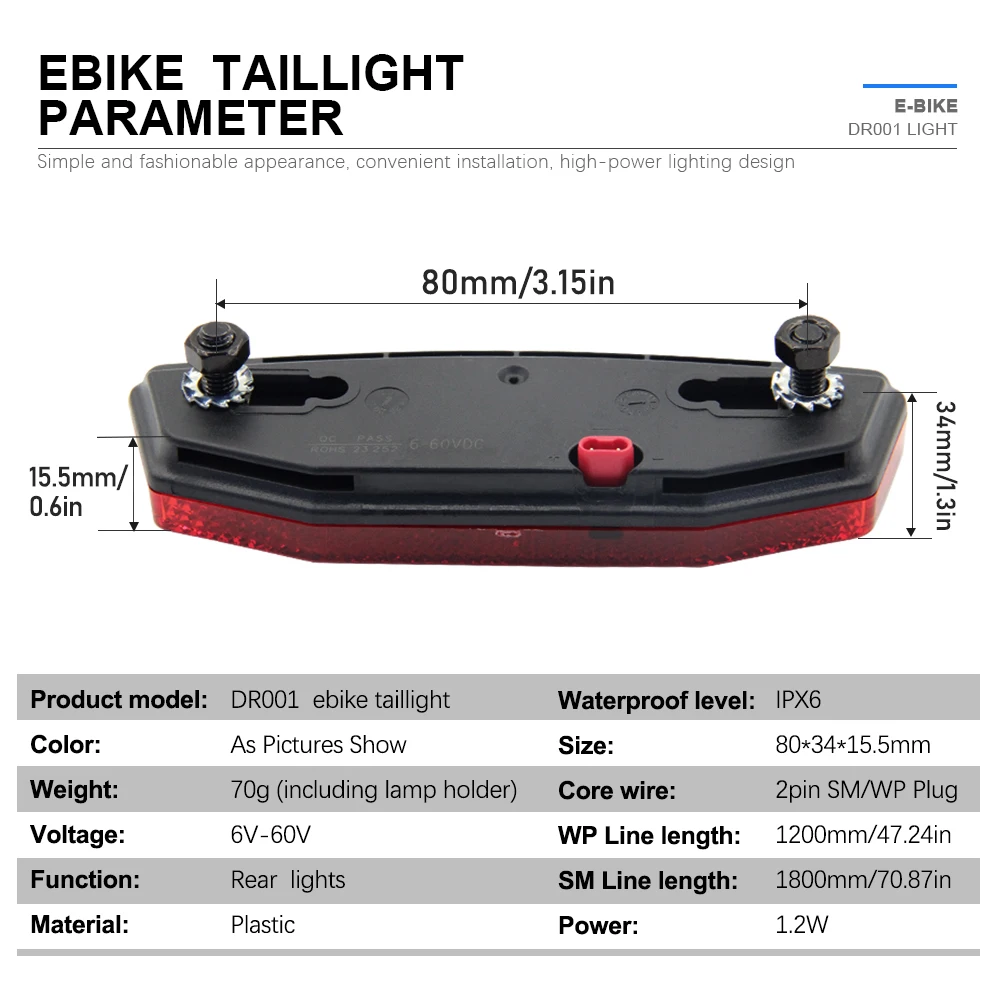 

Ebike LED Lights DR001 Electric Bike Rear Light Kit 6V-60V Electric Scooter Motorcycle Mountain Bike Headlight 2PIN Connector