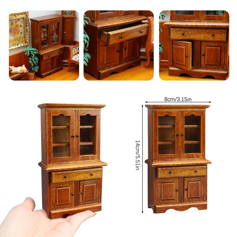 1Pcs 1:12 Dollhouse Wood Table Vintage Miniature Furniture Multifunction Cabinet Bookcase Model Toy Cupboard Dolls Accessories