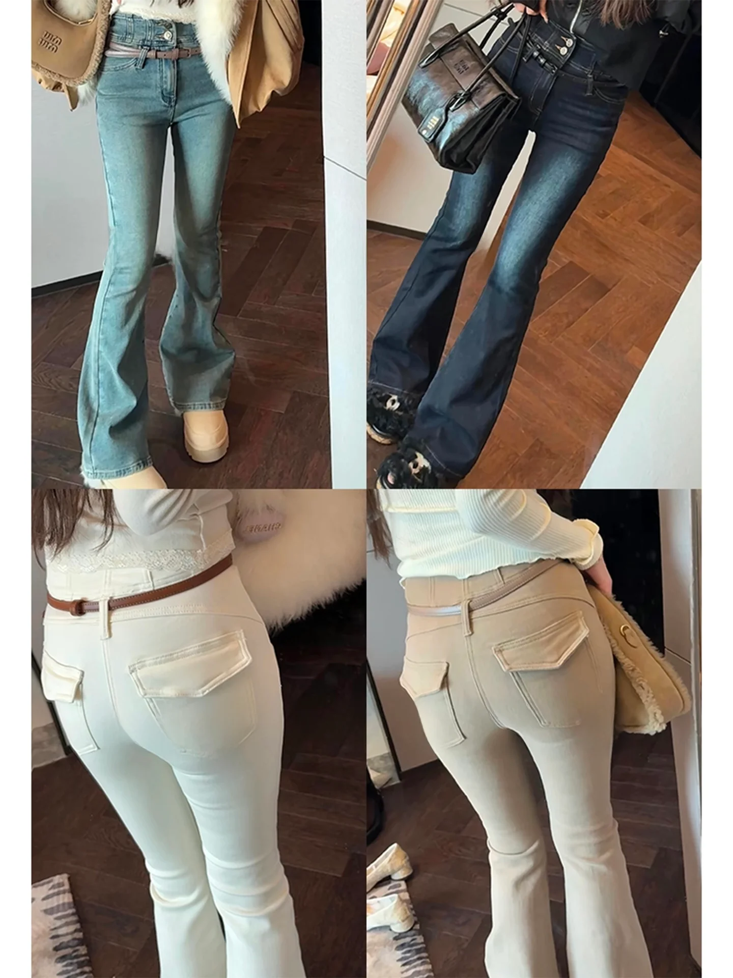 

Джинсы женские с высокой талией, расклешенные, на флисовой подкладке, облегающие, винтажные, из денима, без ремня, с превосходным соотношением талии и бедер