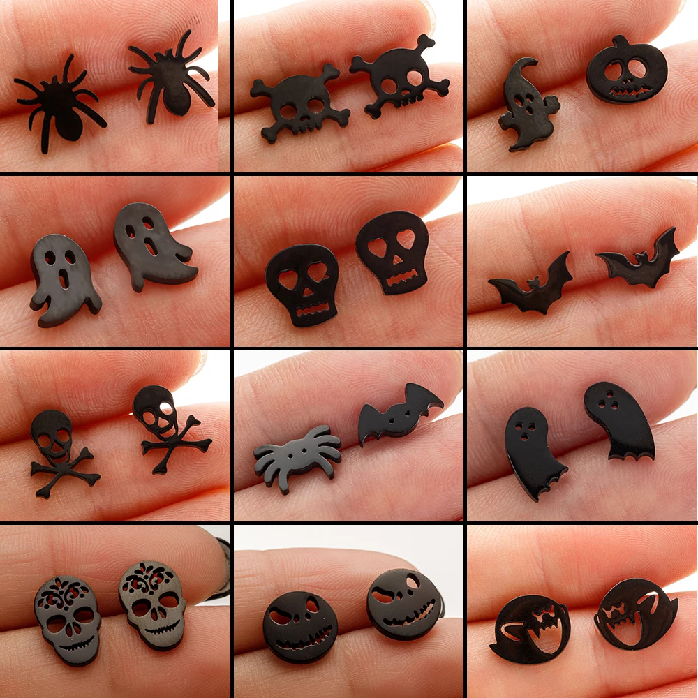 Dark Black Monster Ghost Horror Halloween Stud Earring For Women Animal Spider Skull Stainless Steel Earrings Accessories