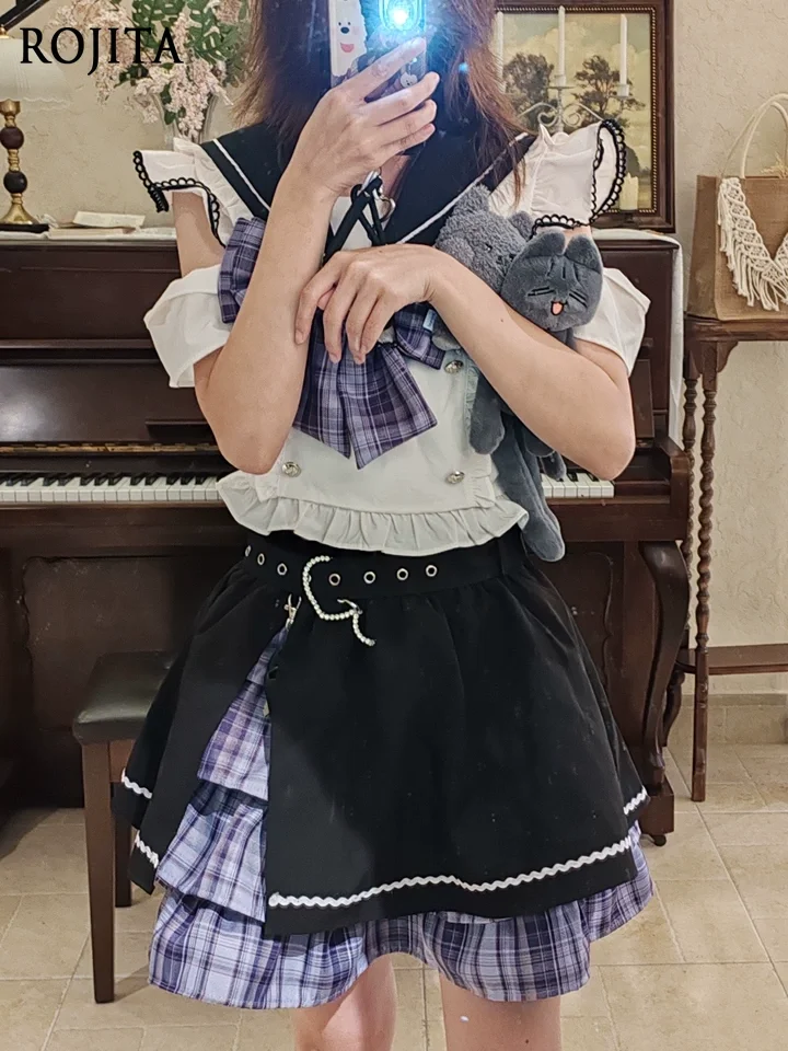 

Girls College Uniform Navy Collar Short Sleeve Shirt Plaid Skirt Summer 2025 Sweet Bow Shirt and Skirt Womens Two Peice Sets