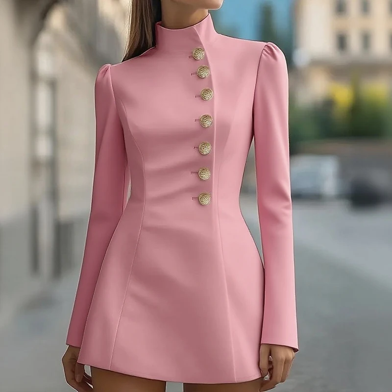 Casual Solid Short Dress Autumn Women's Standing Collar Long Sleeved A-line Dress Women's Elegant Button High Waist Party Dress