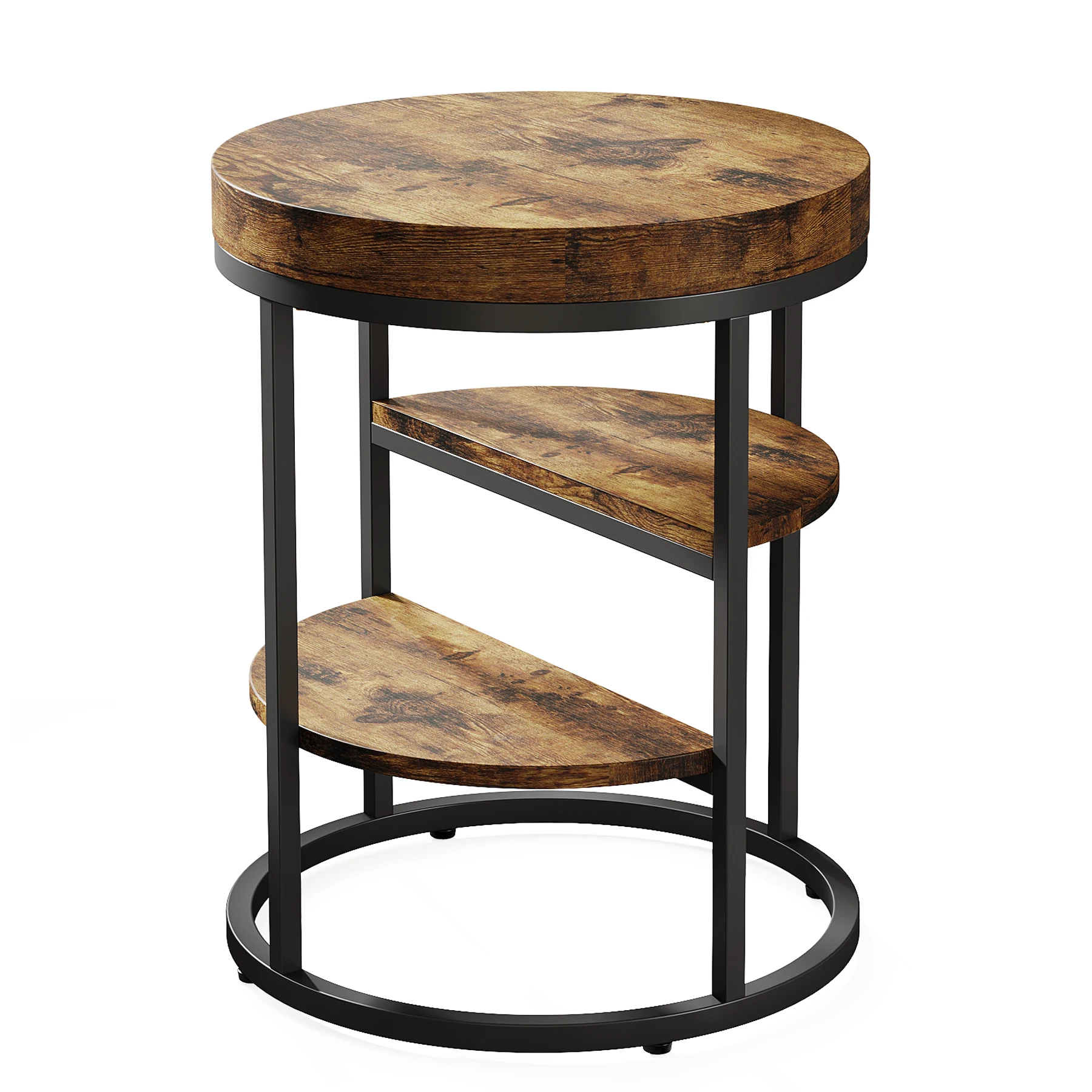 Tribesigns ronde bijzettafel, kleine bijzettafel met 3 opbergplanken, houten bijzettafel voor kleine ruimtes, industriële banktafel