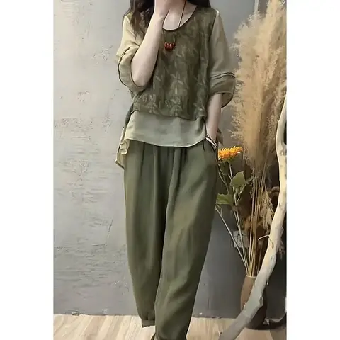 Fashionable Cotton Linen Set Women's Summer New Print Patchwork Fake Two-Piece Top Harlan Pants Slimming Two-Piece Set