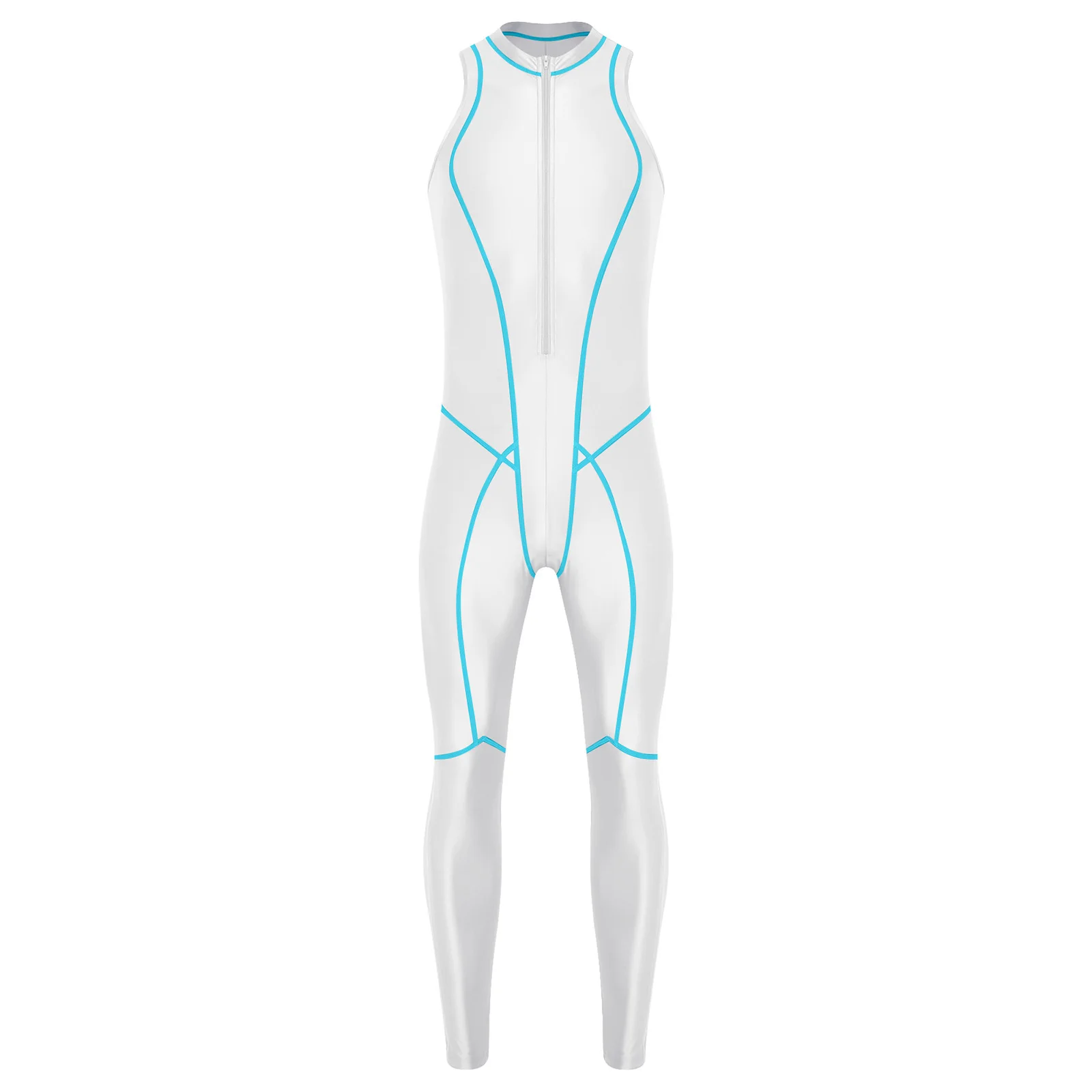 Mens Oil-shiny Bodysuit One-piece Swimsuit Sleeveless Zipper Leotard Rash Guard Bathing Suit Gym Workout Fitness Sports Jumpsuit