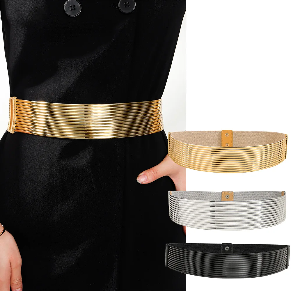 Sabuk pinggang elastis wanita, gaun segel pinggang lebar emas modis sabuk elastis dekorasi untuk wanita merek desainer mewah 2024