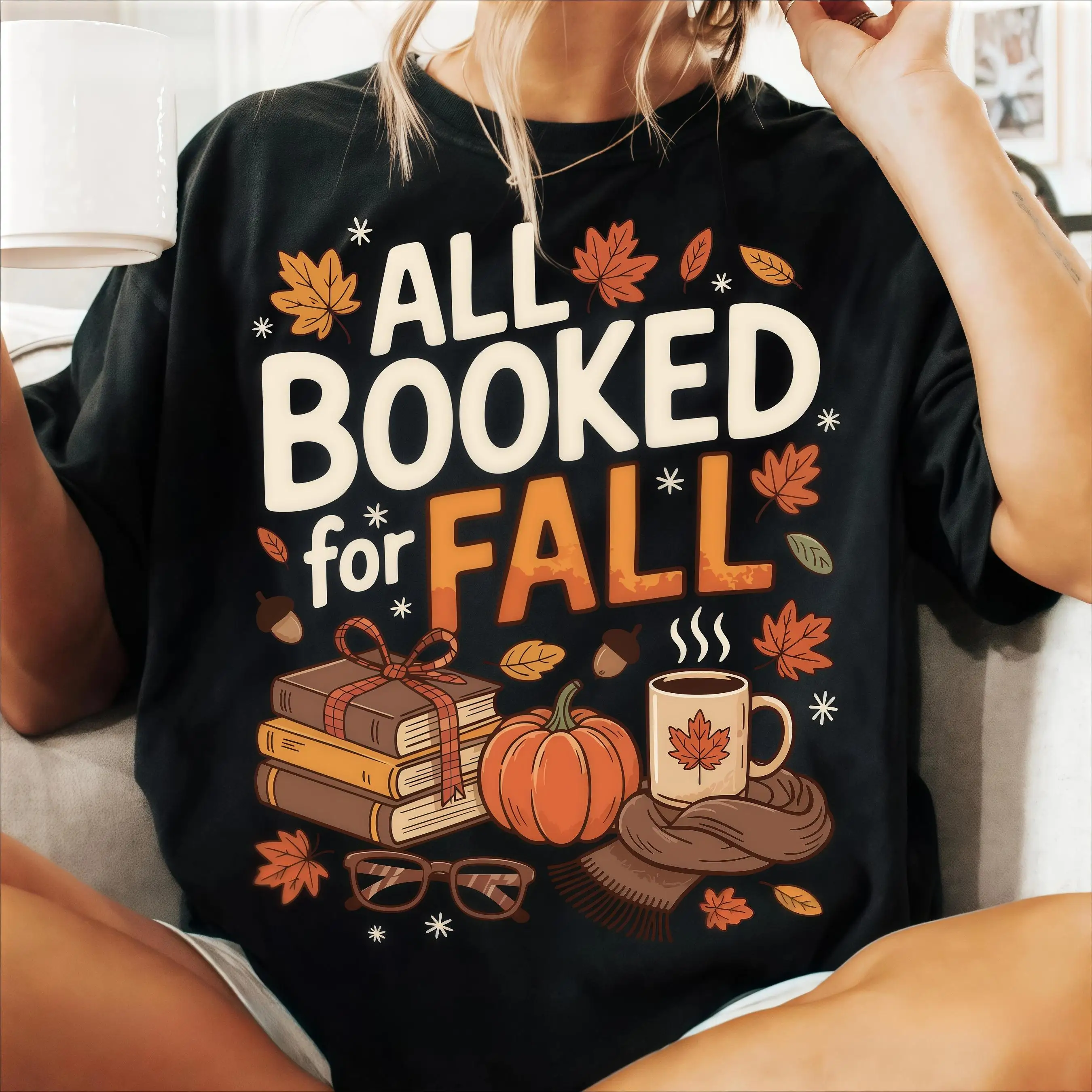 

Women's All Booked for Fall T-shirt Funny Book Lover Slogan Tee Autumn Pumpkin Graphic Top