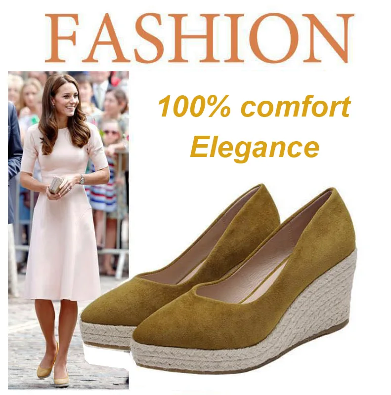 Suede Wedge Shoes Women Pumps Pointed Toe Solid Bohemia High Heels Platform Espadrilles Thick-soled Shoes Same As Princess