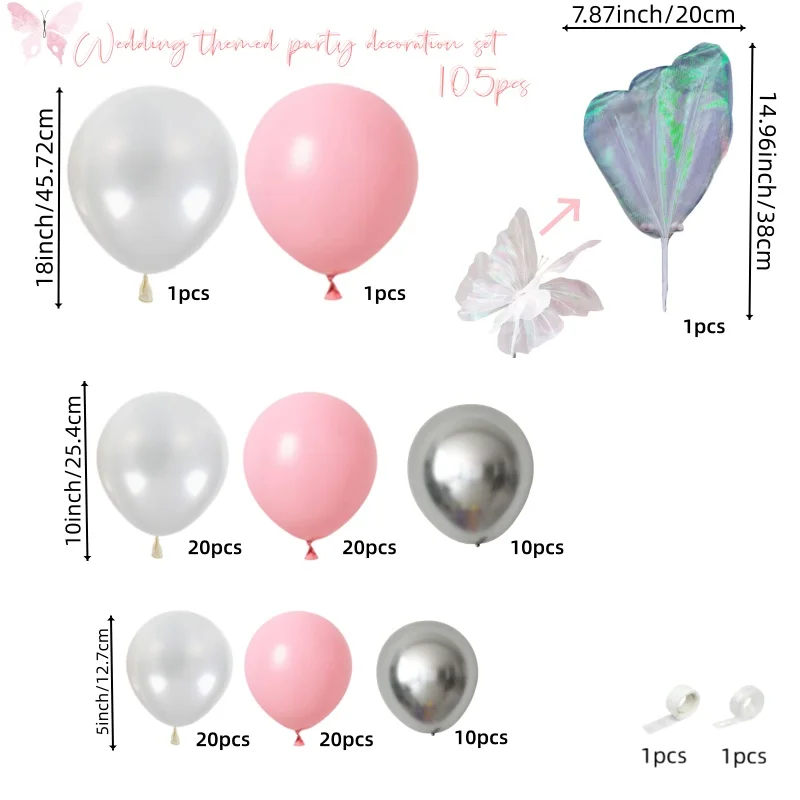 105Pcs Pink Wedding Balloon Arch Set, Pearlescent White, Pink, and Silver Latex Balloons with 3D Realistic Butterflies, Suitable for Weddings, Birthday Parties, and Home Decoration, the Perfect Gift for Wedding Party Planners and Home Decor Enthusiasts