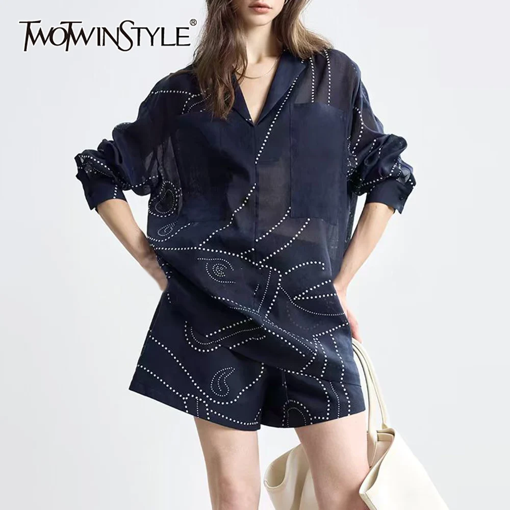 TWOTWINSTYLE Navy Spliced Dot Printing Two Piece Set Female Lapel Long Sleeve Shirt Casual Women's Short Pants Set Autumn New