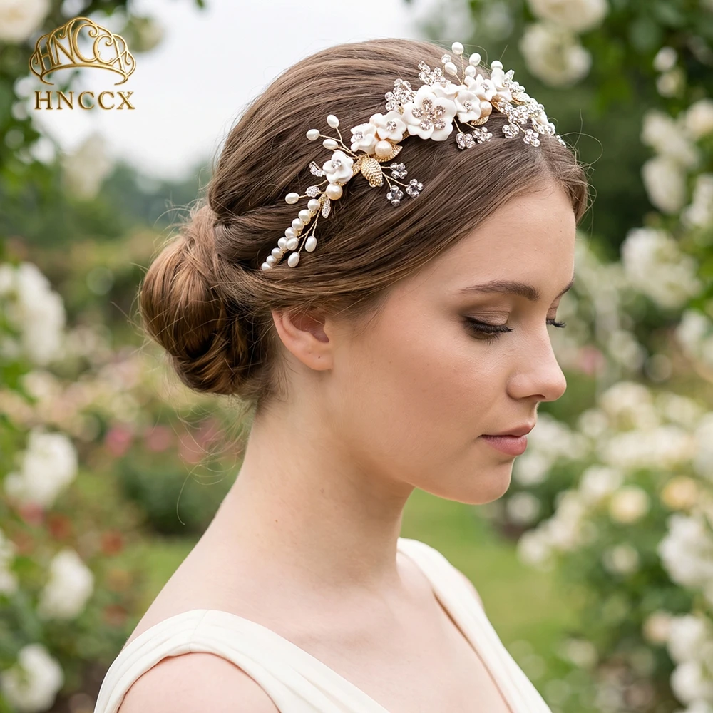 HNCCX Sparkling Alloy Leaf Flower Hairhoop Fashion Rhinestone Pearl Bridal Headband Wedding Celebration Hair Accessories HP423-G